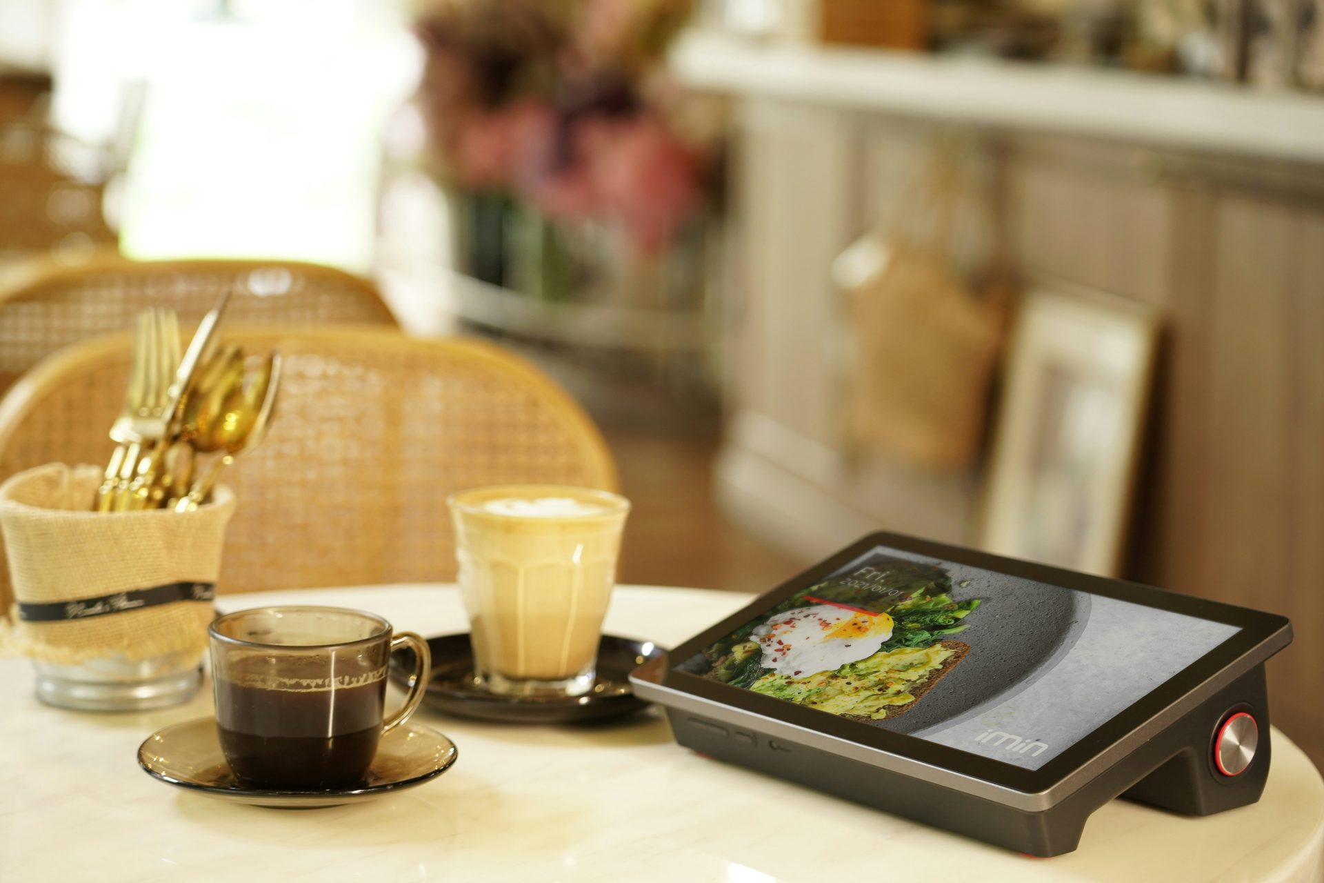 Tablet al lado de una taza de café